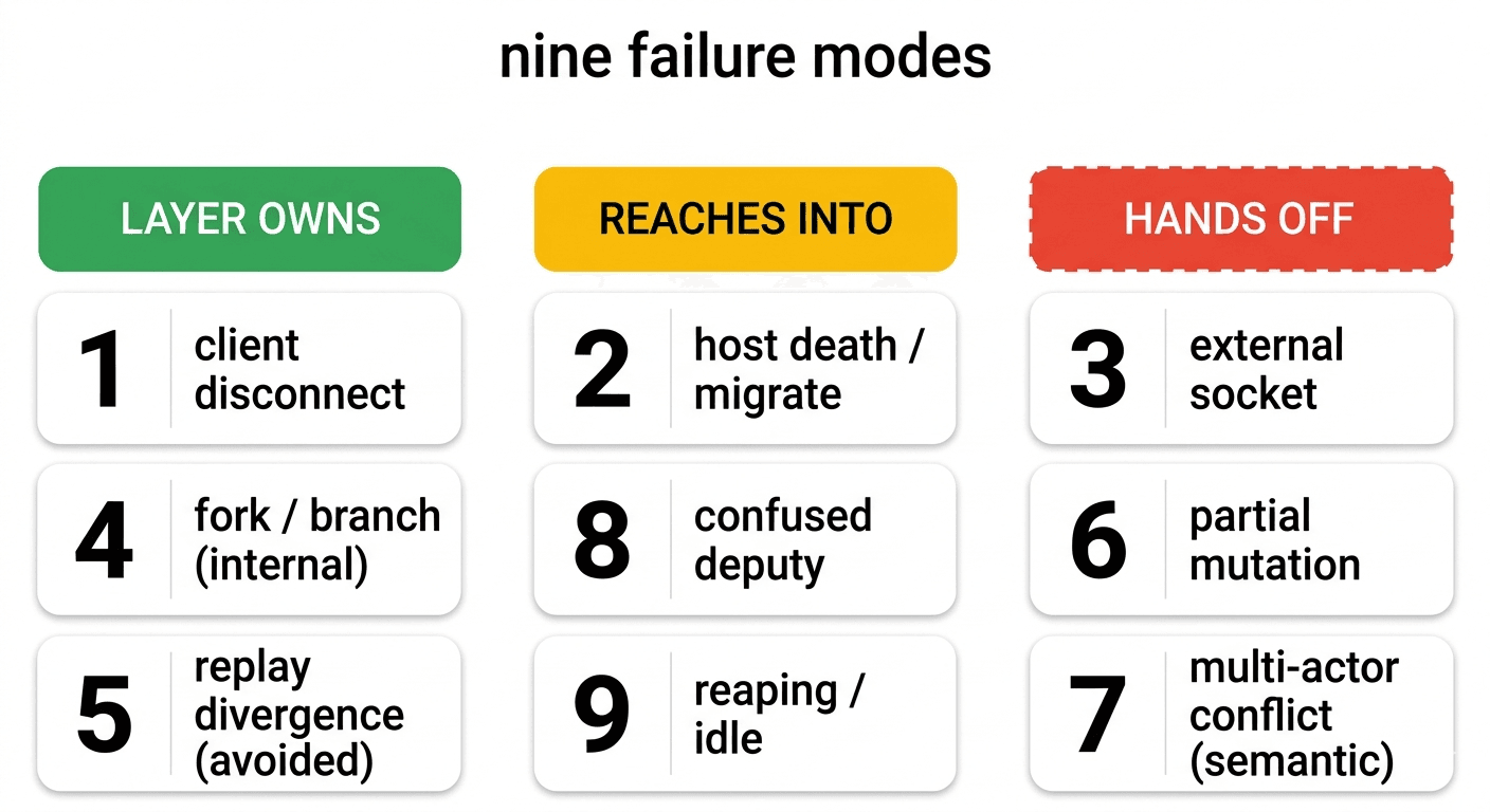 Nine failure modes grouped by who owns recovery: LAYER OWNS (green) — client disconnect, fork, replay divergence; REACHES INTO (yellow) — host death/migration, confused deputy, reaping; HANDS OFF (red) — external socket, partial mutation, multi-actor semantic conflict