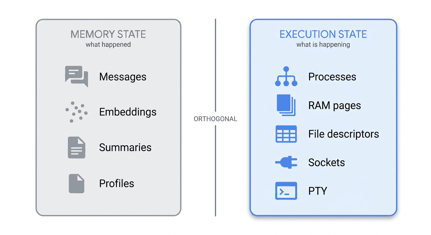 Two different objects, side by side: MEMORY STATE (messages, embeddings, summaries, profiles) versus EXECUTION STATE (processes, RAM pages, file descriptors, sockets, PTY) — orthogonal, not two grades of one thing