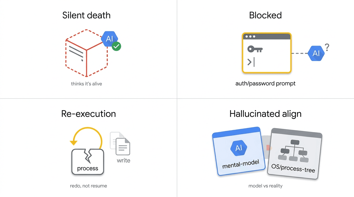 Four failure modes only execution-state persistence solves: silent process death, interactive blocked state, non-deterministic re-execution, and hallucinated environment alignment