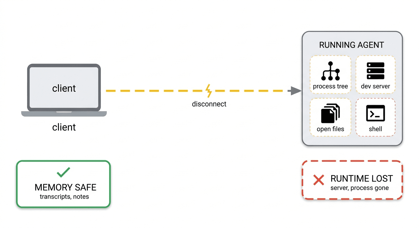 A client disconnects from a running agent: memory (transcripts, notes) is safe, but the live runtime — process tree, dev server, DB connection, shell — is lost