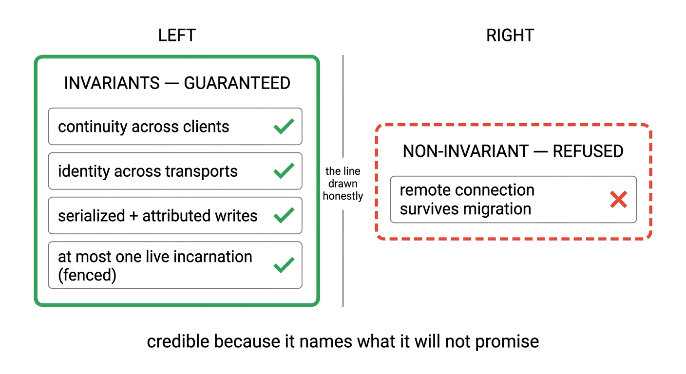 Two panels: INVARIANTS — GUARANTEED (green) lists continuity across clients, identity across transports, serialized + attributed writes, at most one live incarnation (fenced); NON-INVARIANT — REFUSED (red, dashed) lists the one thing it will not promise: a remote connection surviving migration — credible because it names what it will not guarantee